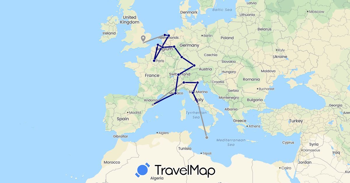 TravelMap itinerary: driving, plane in Belgium, Switzerland, Germany, Spain, France, United Kingdom, Italy, Malta, Netherlands (Europe)